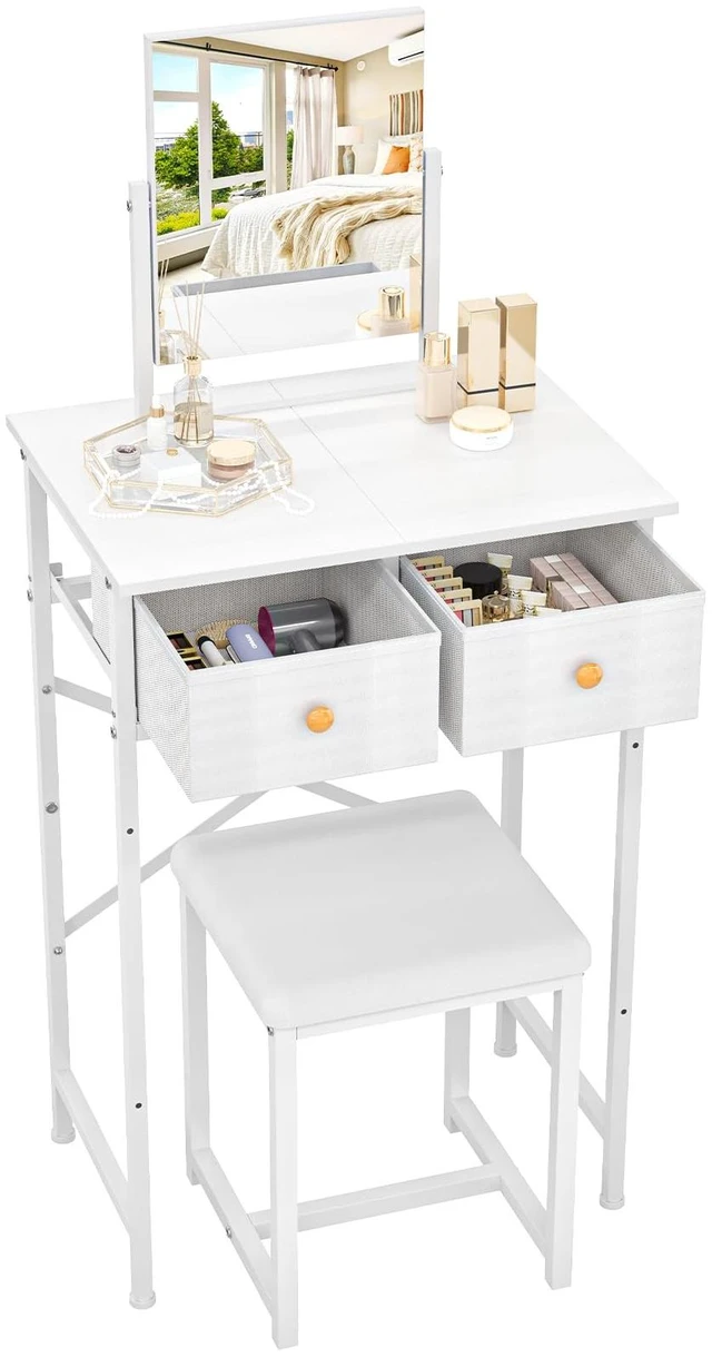 Main image of Small Makeup Vanity Desk with Mirror & Chair, 19.7"W Mini Vanity Desk Table Set with Fabric Storage Drawer, Compact Vanity Desk for Kids, Girls, Dressing Table with Chair for Bedroom, White