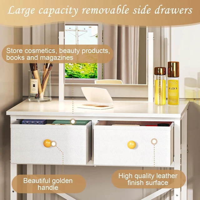 Alt view image 3 of 7 - Small Makeup Vanity Desk with Mirror & Chair, 19.7"W Mini Vanity Desk Table Set with Fabric Storage Drawer, Compact Vanity Desk for Kids, Girls, Dressing Table with Chair for Bedroom, White