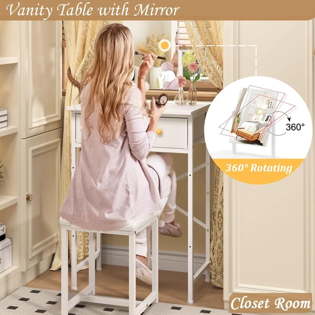Alt view image 4 of 7 - Small Makeup Vanity Desk with Mirror & Chair, 19.7"W Mini Vanity Desk Table Set with Fabric Storage Drawer, Compact Vanity Desk for Kids, Girls, Dressing Table with Chair for Bedroom, White