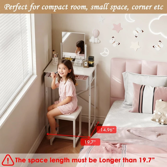 Alt view image 2 of 7 - Small Makeup Vanity Desk with Mirror & Chair, 19.7"W Mini Vanity Desk Table Set with Fabric Storage Drawer, Compact Vanity Desk for Kids, Girls, Dressing Table with Chair for Bedroom, White