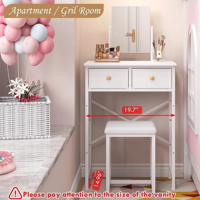 Alt view image 7 of 7 - Small Makeup Vanity Desk with Mirror & Chair, 19.7"W Mini Vanity Desk Table Set with Fabric Storage Drawer, Compact Vanity Desk for Kids, Girls, Dressing Table with Chair for Bedroom, White