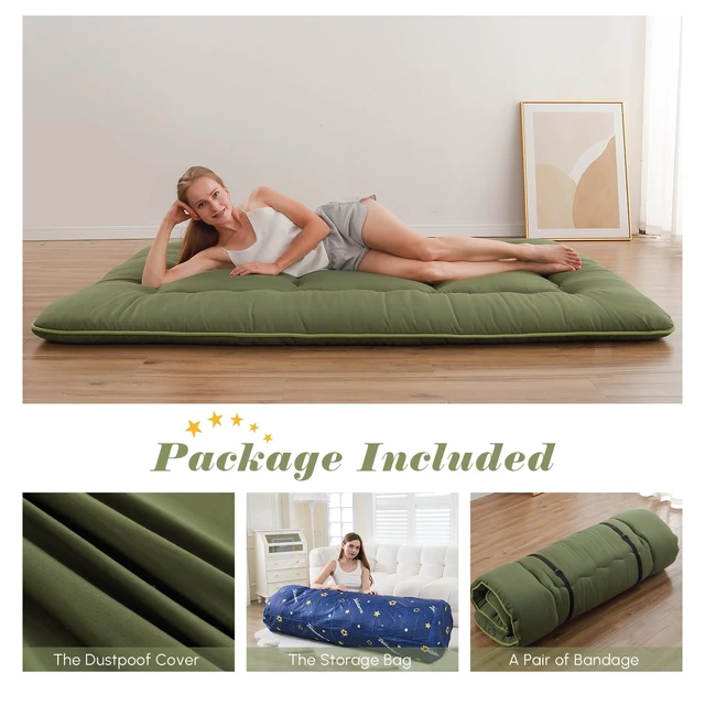 Alt view image 2 of 7 - Japanese Floor Mattress, Futon Mattress | Roll Up Tatami Mat with Portable Storage Bag and Washable Cover, Suitable for Camping, Guest Room, Green