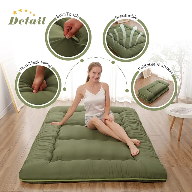 Alt view image 5 of 7 - Japanese Floor Mattress, Futon Mattress | Roll Up Tatami Mat with Portable Storage Bag and Washable Cover, Suitable for Camping, Guest Room, Green