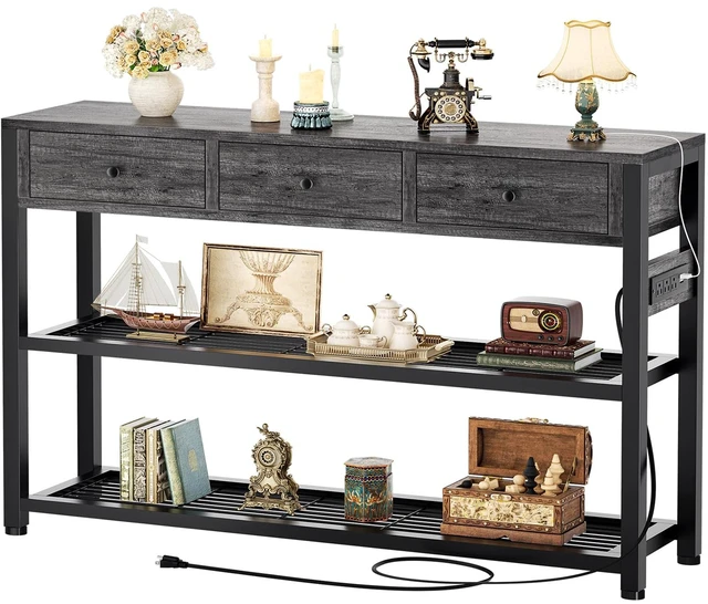 Main image of Entryway Table with Power Outlets, 47" Console Table with Drawers | Sofa Tables Narrow Long, Behind Couch Table Entry Way Table with Shelves Storage for Living Room, Hallway, Grey Oak