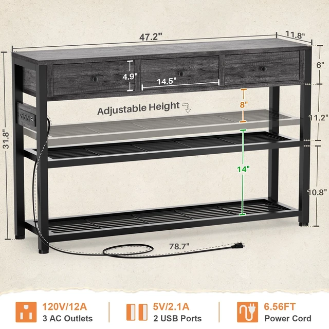 Alt view image 3 of 7 - Entryway Table with Power Outlets, 47" Console Table with Drawers | Sofa Tables Narrow Long, Behind Couch Table Entry Way Table with Shelves Storage for Living Room, Hallway, Grey Oak