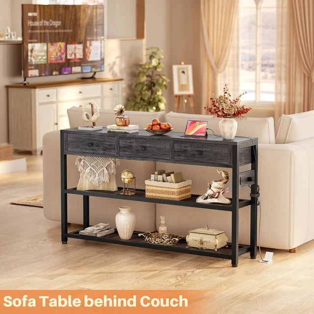 Alt view image 5 of 7 - Entryway Table with Power Outlets, 47" Console Table with Drawers | Sofa Tables Narrow Long, Behind Couch Table Entry Way Table with Shelves Storage for Living Room, Hallway, Grey Oak