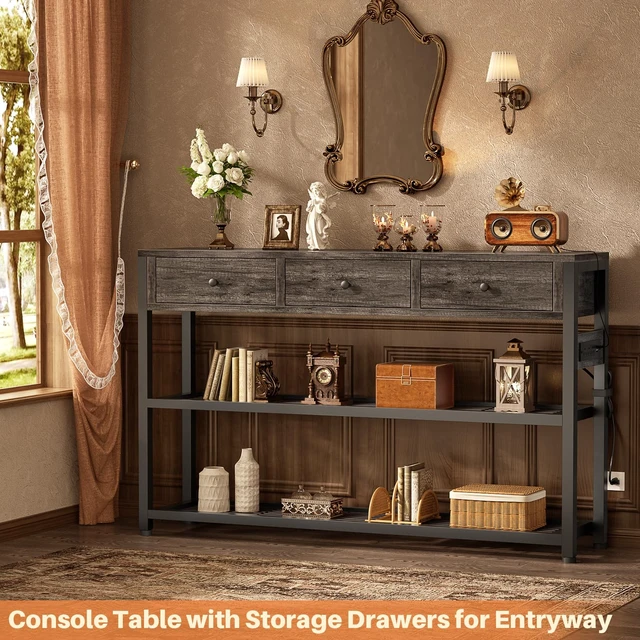 Alt view image 2 of 7 - Entryway Table with Power Outlets, 47" Console Table with Drawers | Sofa Tables Narrow Long, Behind Couch Table Entry Way Table with Shelves Storage for Living Room, Hallway, Grey Oak