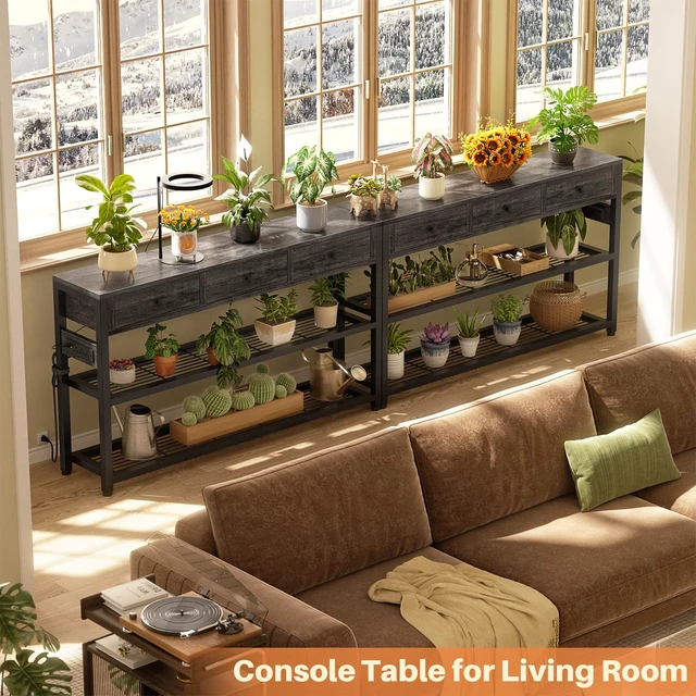 Alt view image 6 of 7 - Entryway Table with Power Outlets, 47" Console Table with Drawers | Sofa Tables Narrow Long, Behind Couch Table Entry Way Table with Shelves Storage for Living Room, Hallway, Grey Oak