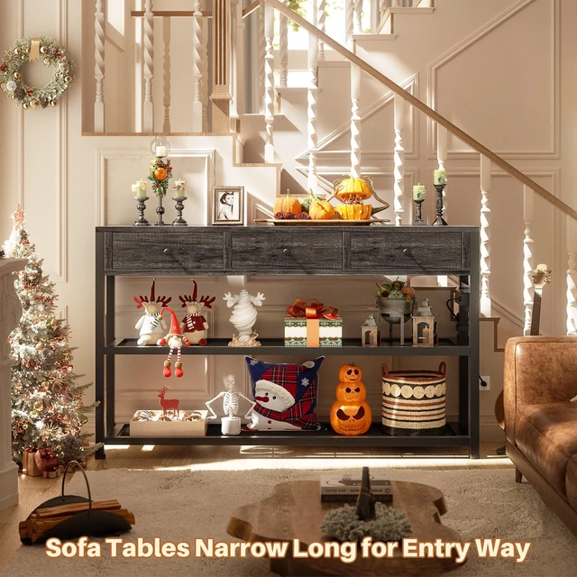 Alt view image 7 of 7 - Entryway Table with Power Outlets, 47" Console Table with Drawers | Sofa Tables Narrow Long, Behind Couch Table Entry Way Table with Shelves Storage for Living Room, Hallway, Grey Oak