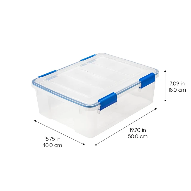 Alt view image 2 of 7 - 3-Pack 26.5 Qt Storage Bins with Gasket Lids, Clear/Blue | WeatherPro seal protects everyday essentials in closets, offices and laundry rooms