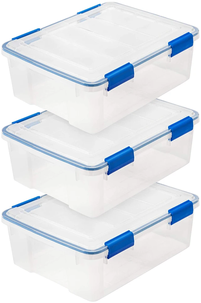 Main image of 3-Pack 26.5 Qt Storage Bins with Gasket Lids, Clear/Blue | WeatherPro seal protects everyday essentials in closets, offices and laundry rooms