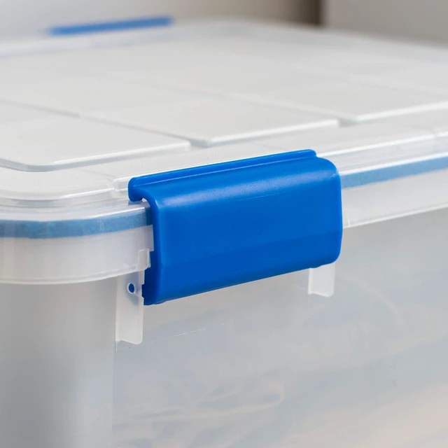 Alt view image 6 of 7 - 3-Pack 26.5 Qt Storage Bins with Gasket Lids, Clear/Blue | WeatherPro seal protects everyday essentials in closets, offices and laundry rooms