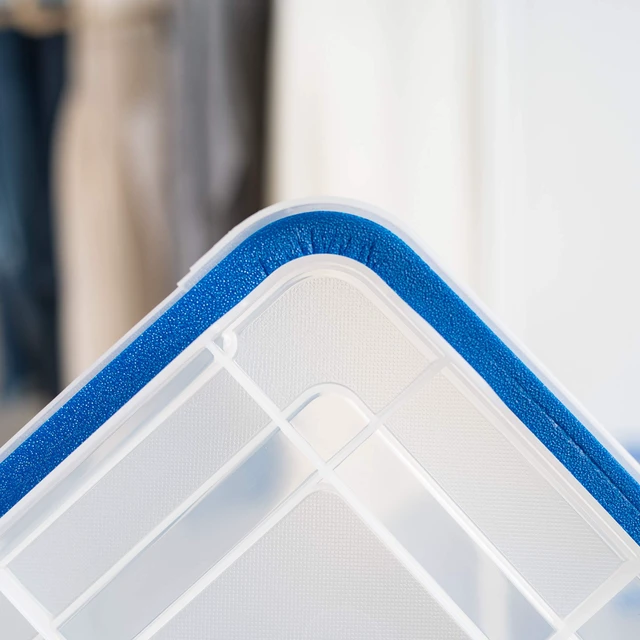 Alt view image 7 of 7 - 3-Pack 26.5 Qt Storage Bins with Gasket Lids, Clear/Blue | WeatherPro seal protects everyday essentials in closets, offices and laundry rooms