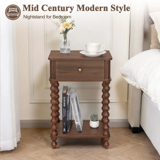 Alt view image 5 of 7 - Walnut Nightstand, Small End Table with Storage for Living Room | Wood Bedside Table with Spindle Wood Legs, Side Table with Drawer and Open Shelf for Bedroom, Office, Walnut Brown