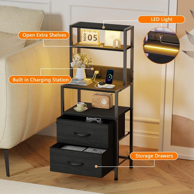 Alt view image 2 of 7 - Night Stand, Tall Nightstand with 4-Tier Shelves, 2 Fabric Drawers | Led Lights, Bed Side Tables with Charging Station, Bedside Table for Bedroom, Office, Dorm, Black Oak