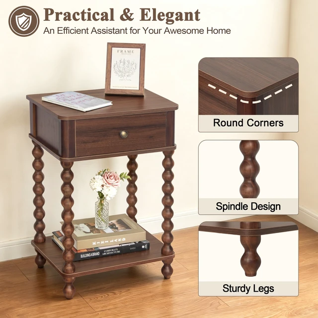 Alt view image 4 of 7 - Walnut Nightstand, Small End Table with Storage for Living Room | Wood Bedside Table with Spindle Wood Legs, Side Table with Drawer and Open Shelf for Bedroom, Office, Walnut Brown