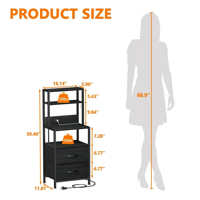 Alt view image 4 of 7 - Night Stand, Tall Nightstand with 4-Tier Shelves, 2 Fabric Drawers | Led Lights, Bed Side Tables with Charging Station, Bedside Table for Bedroom, Office, Dorm, Black Oak