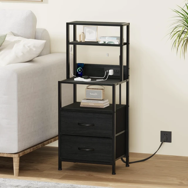 Alt view image 3 of 7 - Night Stand, Tall Nightstand with 4-Tier Shelves, 2 Fabric Drawers | Led Lights, Bed Side Tables with Charging Station, Bedside Table for Bedroom, Office, Dorm, Black Oak