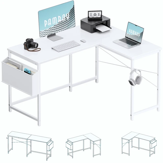 Alt view image 2 of 6 - 47 Inch Reversible L Shaped Gaming Desk Corner Computer Desk with Storage Bag Home Office Table for Writing Study White