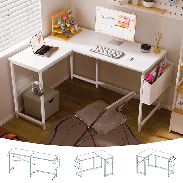 Main image of 47 Inch Reversible L Shaped Gaming Desk Corner Computer Desk with Storage Bag Home Office Table for Writing Study White