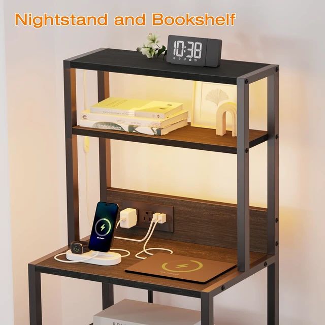Alt view image 5 of 7 - Night Stand, Tall Nightstand with 4-Tier Shelves, 2 Fabric Drawers | Led Lights, Bed Side Tables with Charging Station, Bedside Table for Bedroom, Office, Dorm, Black Oak