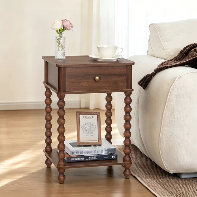 Alt view image 6 of 7 - Walnut Nightstand, Small End Table with Storage for Living Room | Wood Bedside Table with Spindle Wood Legs, Side Table with Drawer and Open Shelf for Bedroom, Office, Walnut Brown