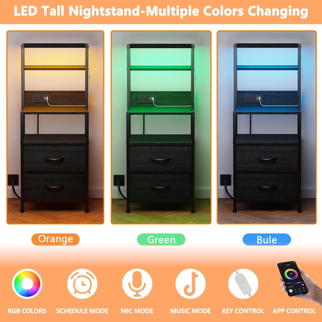 Alt view image 6 of 7 - Night Stand, Tall Nightstand with 4-Tier Shelves, 2 Fabric Drawers | Led Lights, Bed Side Tables with Charging Station, Bedside Table for Bedroom, Office, Dorm, Black Oak