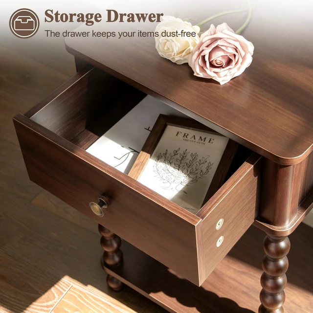 Alt view image 7 of 7 - Walnut Nightstand, Small End Table with Storage for Living Room | Wood Bedside Table with Spindle Wood Legs, Side Table with Drawer and Open Shelf for Bedroom, Office, Walnut Brown