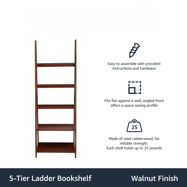 Alt view image 2 of 2 - 5-Tier Ladder Bookshelf Storage Organizer, Solid Rubberwood Frame, Space-Saving Bookcase, Sturdy Shelves, Walnut Finish, 14" D x 24.8" W x 70.1" H