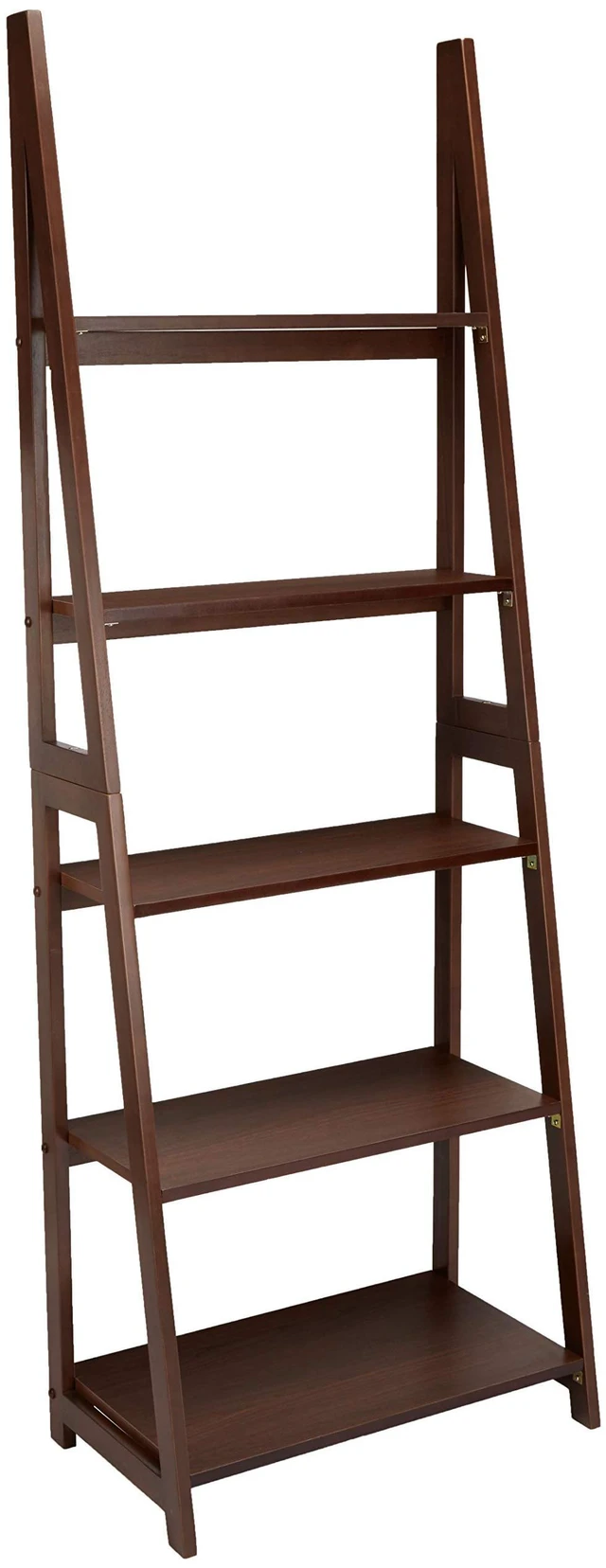 Main image of 5-Tier Ladder Bookshelf Storage Organizer, Solid Rubberwood Frame, Space-Saving Bookcase, Sturdy Shelves, Walnut Finish, 14" D x 24.8" W x 70.1" H