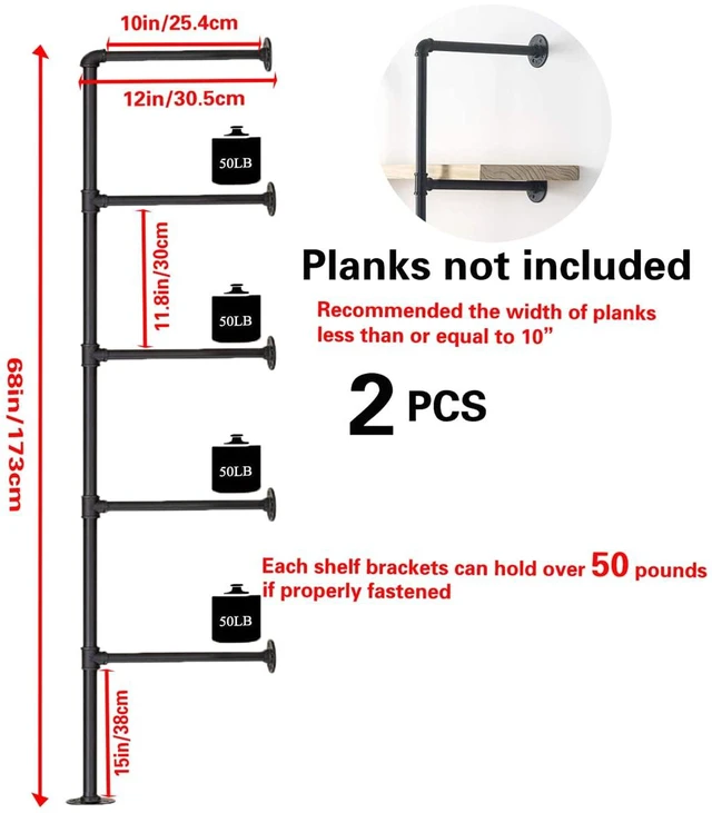 Alt view image 2 of 7 - Industrial Wall Mount Iron Pipe Shelf Shelves Shelving Bracket Black Vintage Retro Ceiling Hung Shelf DIY Open Bookshelf Storage for offcie Room Kitchen (2PcsX5Tier,68" Tall,10" deep,Hardware Only)
