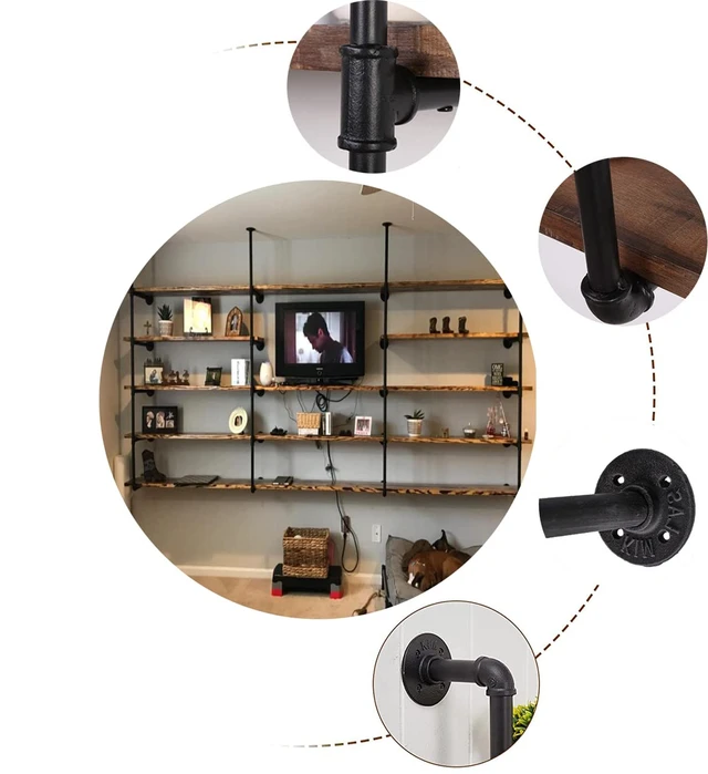 Alt view image 5 of 7 - Industrial Wall Mount Iron Pipe Shelf Shelves Shelving Bracket Black Vintage Retro Ceiling Hung Shelf DIY Open Bookshelf Storage for offcie Room Kitchen (2PcsX5Tier,68" Tall,10" deep,Hardware Only)