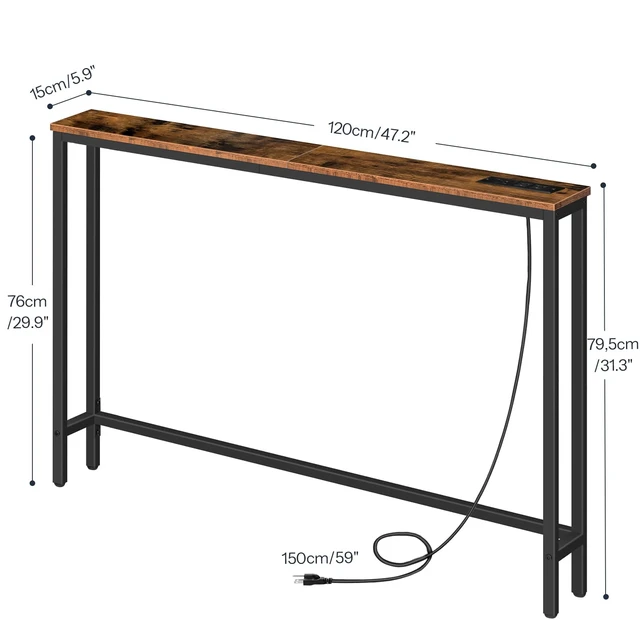 Alt view image 3 of 7 - 47.2" Narrow Console Table with Power Outlet, Behind Couch Table | with Charging Station, Long Sofa Side Table, Skinny Entryway Table for Living Room, Hallway, Foyer, Rustic Brown