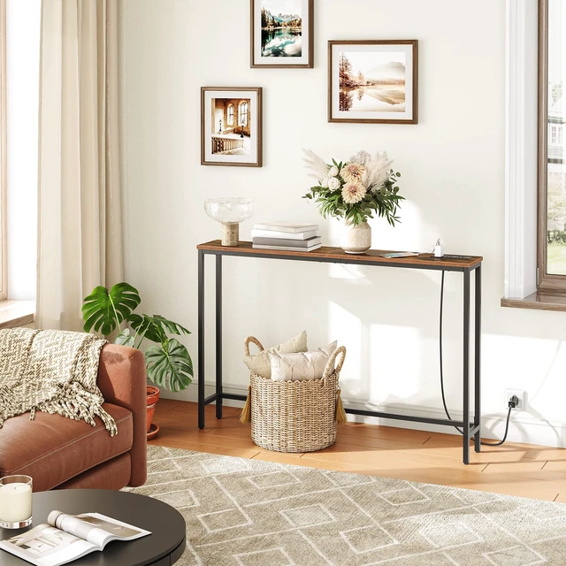 Alt view image 7 of 7 - 47.2" Narrow Console Table with Power Outlet, Behind Couch Table | with Charging Station, Long Sofa Side Table, Skinny Entryway Table for Living Room, Hallway, Foyer, Rustic Brown
