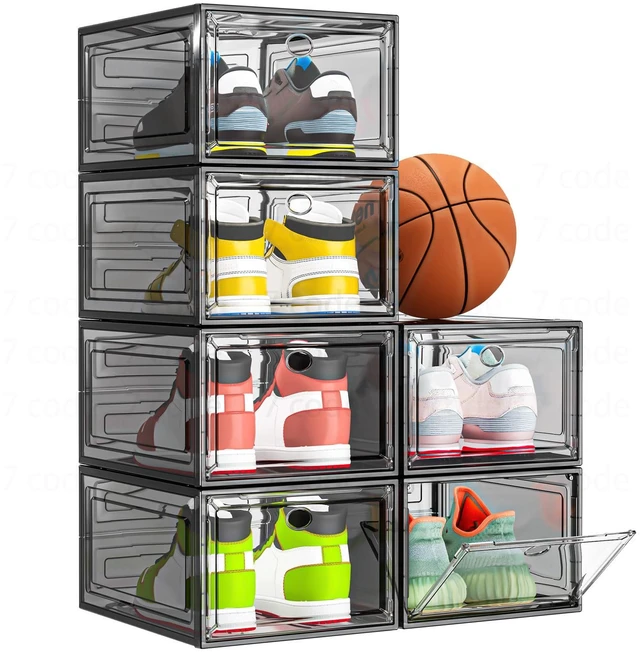 Main image of Sturdy Clear Shoe Organizer with Magnetic Door, Stackable Shoe Storage Box | Thick Plastic Shoe Storage for Sneakers & Boots, Collapsible Closet Shoe Rack and Clear Shoe Box, 6 Pack Black