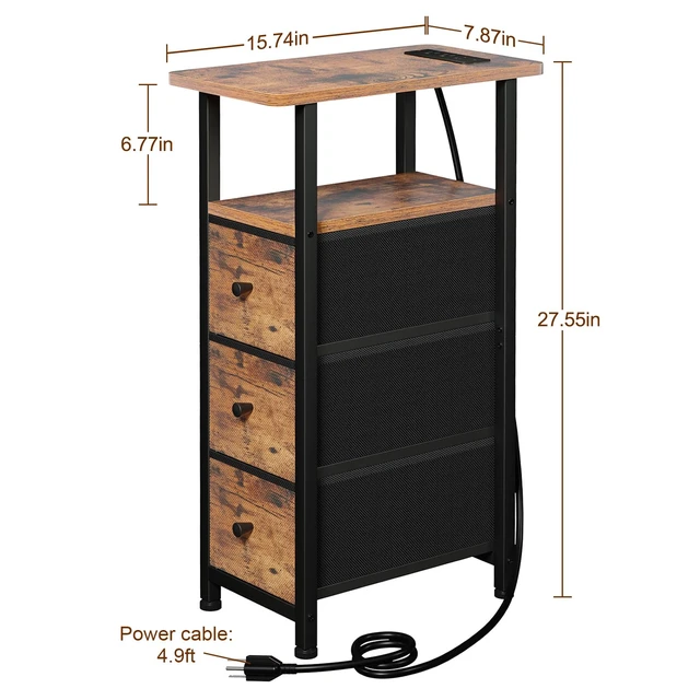 Alt view image 4 of 7 - Narrow End Tables Living Room Set of 2 with Charging Station | Slim Nightstand with 3 Fabric Drawers for Bedroom, Narrow Side Table with Type-C for Small Spaces, Brown