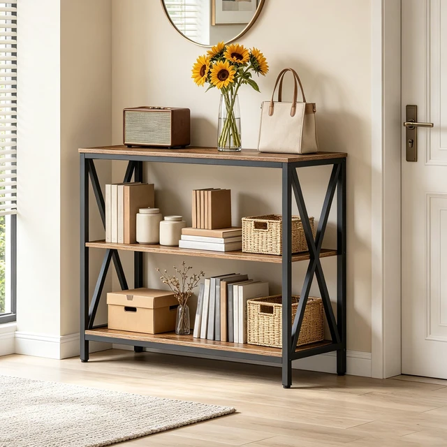 Alt view image 4 of 7 - 31.5" Sofa Table, Industrial Console Table, 3-Tier Entryway Table | Narrow Sofa Table with Storage Shelves, Heavy Duty, Foyer Table for Hallway, Entryway, Living Room, Rustic Brown CTHR8001Z
