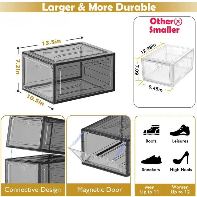 Alt view image 3 of 6 - Sturdy Clear Shoe Organizer with Magnetic Door, Stackable Shoe Storage Box | Thick Plastic Shoe Storage for Sneakers & Boots, Collapsible Closet Shoe Rack and Clear Shoe Box, 6 Pack Black