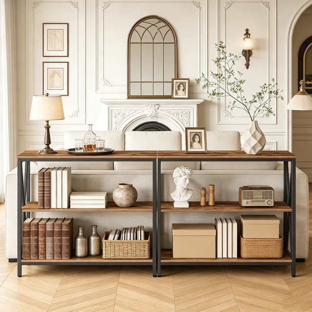 Alt view image 6 of 7 - 31.5" Sofa Table, Industrial Console Table, 3-Tier Entryway Table | Narrow Sofa Table with Storage Shelves, Heavy Duty, Foyer Table for Hallway, Entryway, Living Room, Rustic Brown CTHR8001Z