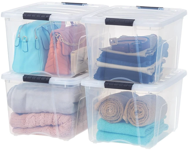 Main image of 4-Pack 40 Quart Storage Bins with Lids, Clear | Transparent design makes contents easy to find. Perfect for moving, blankets, clothing, and garage storage. Nestable design