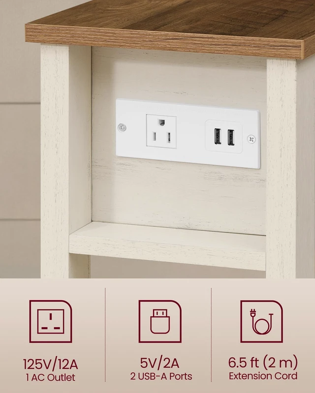 Alt view image 3 of 6 - 2-Tier End Side Table, Small Accent Nightstand with Storage Drawer | Narrow Bedside Table With Charging Station for Small Spaces, Living Room, Bedroom, Office, Honey Brown and Rustic White