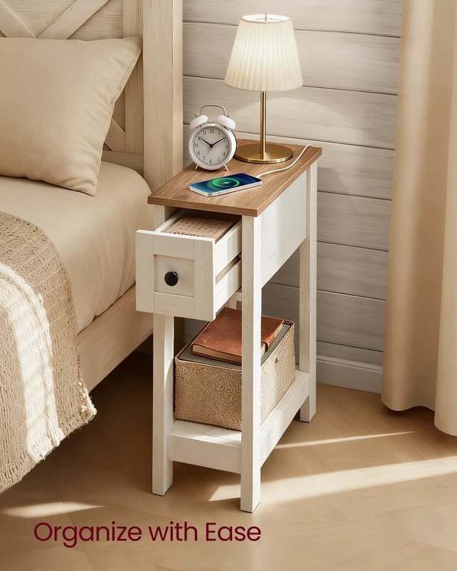 Alt view image 4 of 6 - 2-Tier End Side Table, Small Accent Nightstand with Storage Drawer | Narrow Bedside Table With Charging Station for Small Spaces, Living Room, Bedroom, Office, Honey Brown and Rustic White