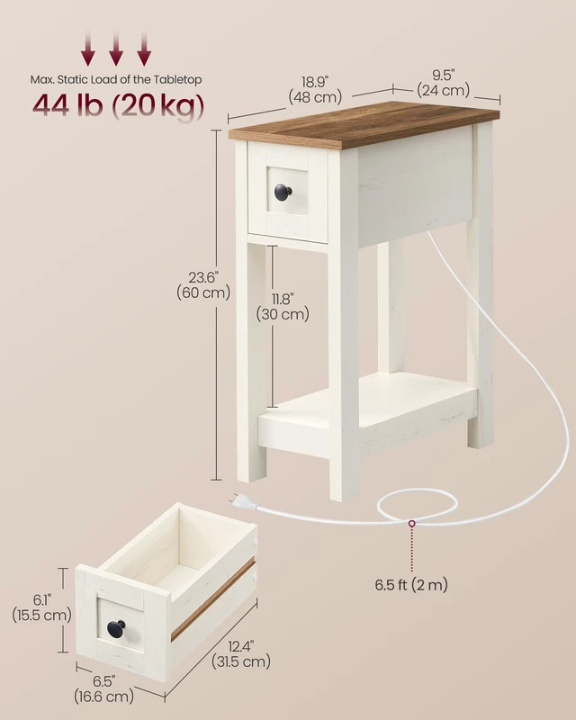 Alt view image 5 of 6 - 2-Tier End Side Table, Small Accent Nightstand with Storage Drawer | Narrow Bedside Table With Charging Station for Small Spaces, Living Room, Bedroom, Office, Honey Brown and Rustic White