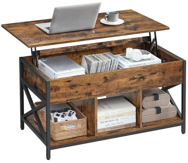 Main image of Lift Top Coffee Table with Storage Shelf, 3 Compartments | Coffee Table for Living Room, Adjustable Height, 19.7 x 39.4 x (19.3-24.4) Inches, Rustic Brown and Black ULCT202B01