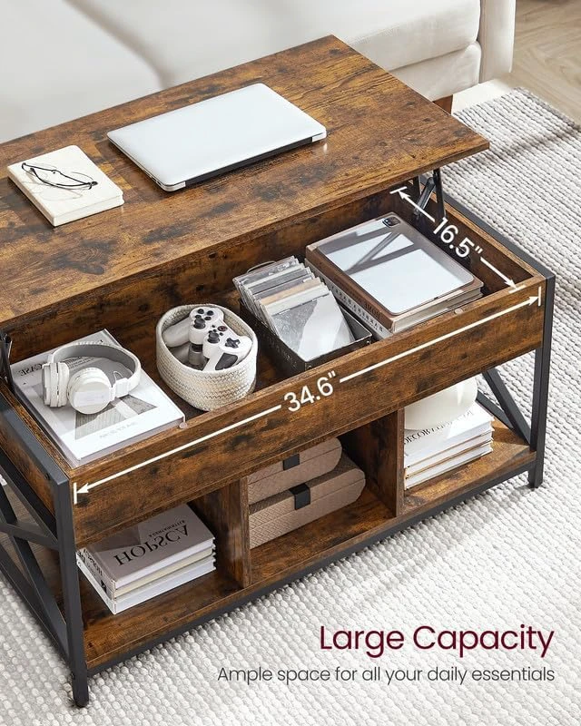Alt view image 3 of 7 - Lift Top Coffee Table with Storage Shelf, 3 Compartments | Coffee Table for Living Room, Adjustable Height, 19.7 x 39.4 x (19.3-24.4) Inches, Rustic Brown and Black ULCT202B01