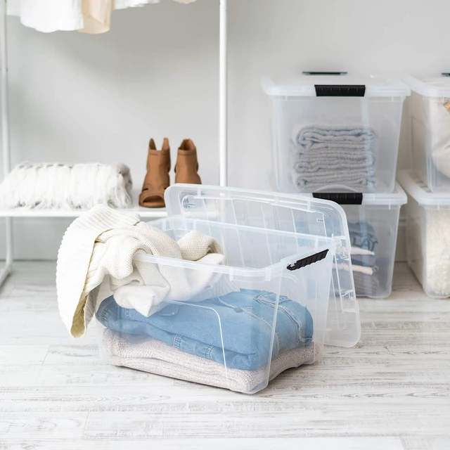 Alt view image 4 of 7 - 4-Pack 40 Quart Storage Bins with Lids, Clear | Transparent design makes contents easy to find. Perfect for moving, blankets, clothing, and garage storage. Nestable design