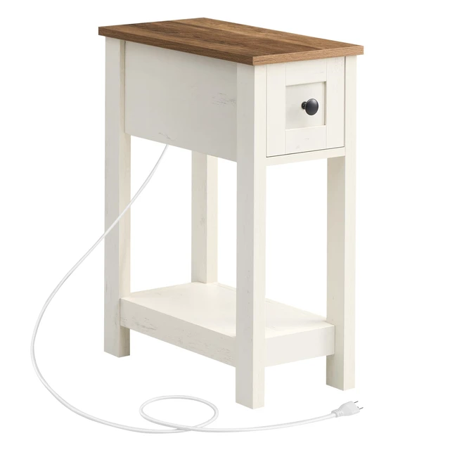 Alt view image 6 of 6 - 2-Tier End Side Table, Small Accent Nightstand with Storage Drawer | Narrow Bedside Table With Charging Station for Small Spaces, Living Room, Bedroom, Office, Honey Brown and Rustic White