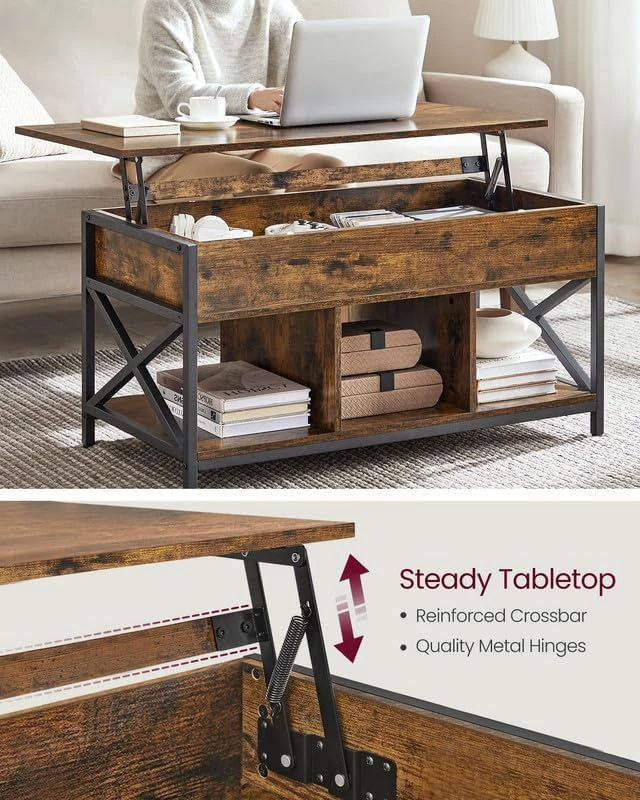 Alt view image 4 of 7 - Lift Top Coffee Table with Storage Shelf, 3 Compartments | Coffee Table for Living Room, Adjustable Height, 19.7 x 39.4 x (19.3-24.4) Inches, Rustic Brown and Black ULCT202B01
