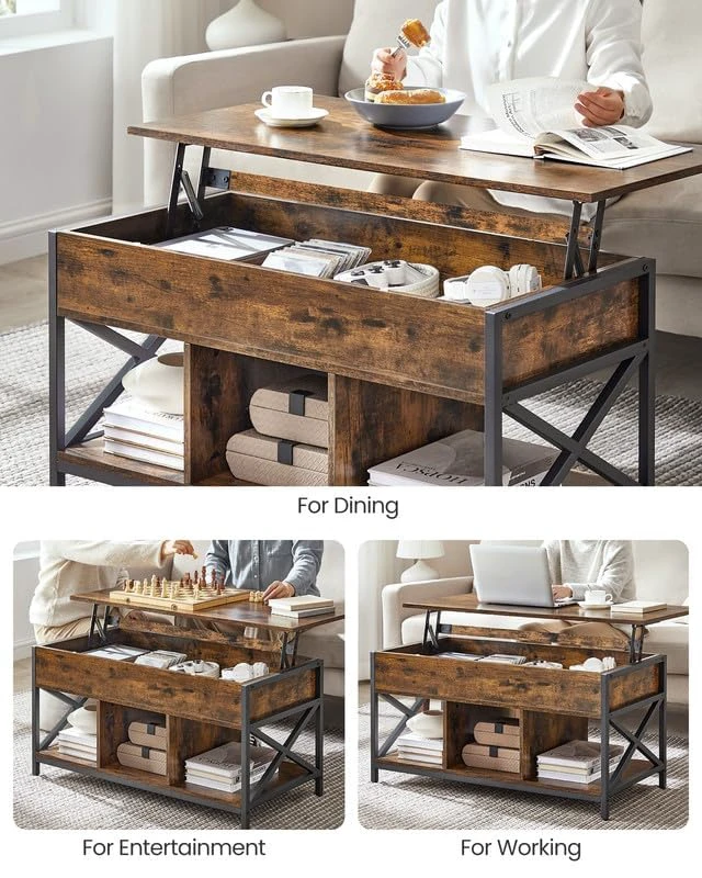 Alt view image 5 of 7 - Lift Top Coffee Table with Storage Shelf, 3 Compartments | Coffee Table for Living Room, Adjustable Height, 19.7 x 39.4 x (19.3-24.4) Inches, Rustic Brown and Black ULCT202B01