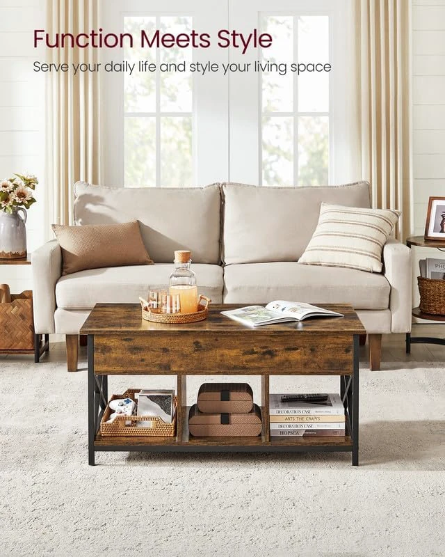 Alt view image 2 of 7 - Lift Top Coffee Table with Storage Shelf, 3 Compartments | Coffee Table for Living Room, Adjustable Height, 19.7 x 39.4 x (19.3-24.4) Inches, Rustic Brown and Black ULCT202B01